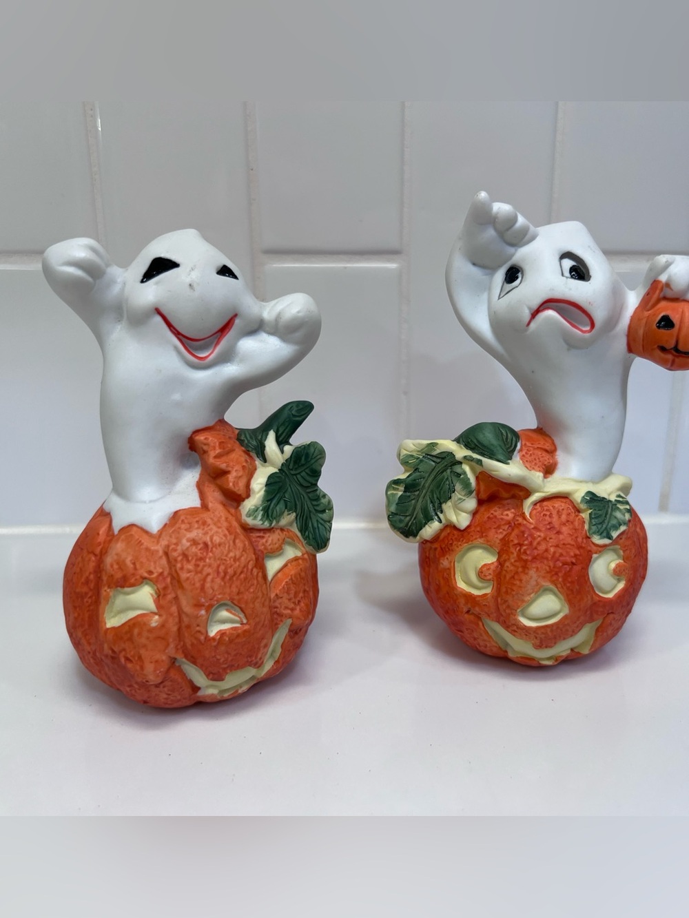 Vintage Halloween Ghost Jumping Out Of Pumpkin Jack-O’-Lantern Figurines Set